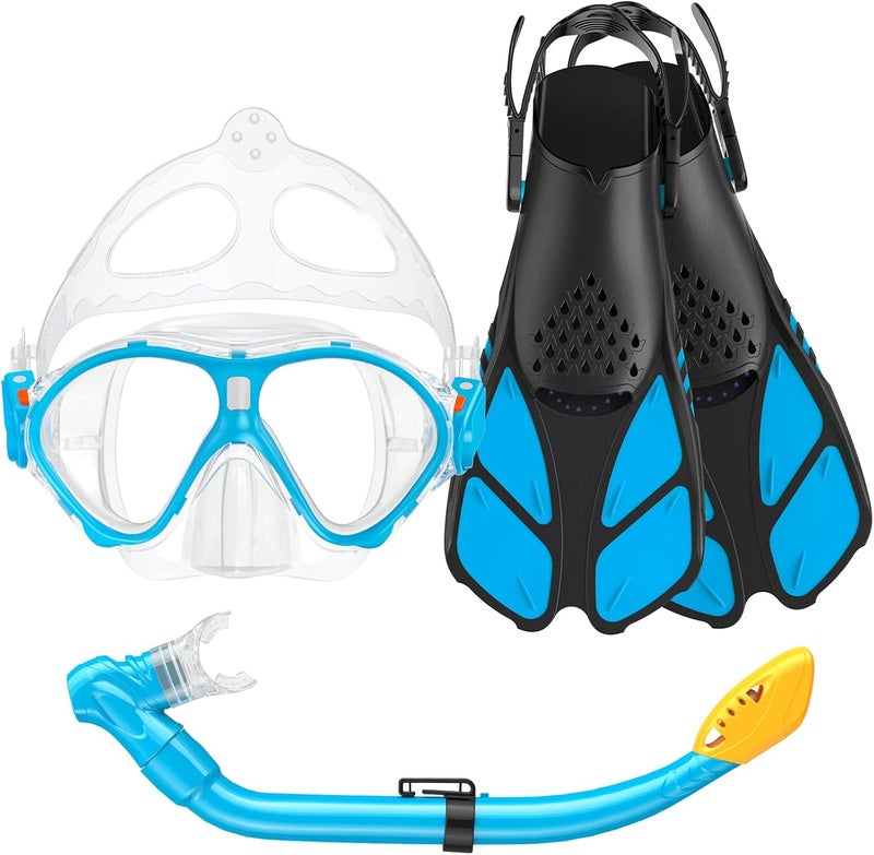Seovediary Kids Snorkel Set, Mask Fins Snorkeling Gear for Kids Anti-Fog Swim Goggles 180 Panoramic View Dry Top Snorkel and Dive Flippers Combo with Travel Bag for Snorkeling Training Swimming Diving - Image 1